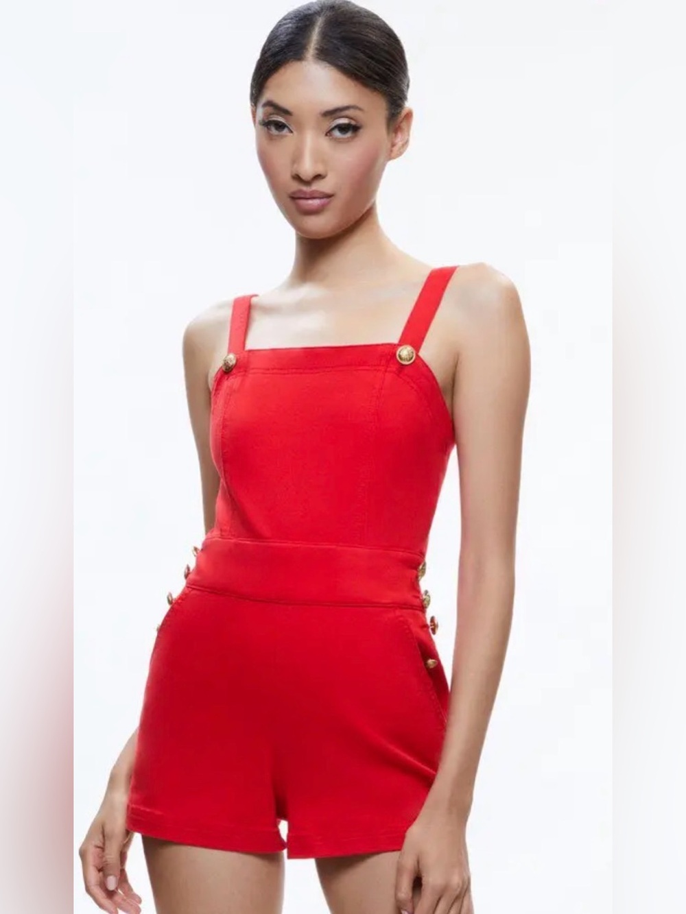 Alice + Olivia Red Square-Neck Short Romper with Gold Button Detail